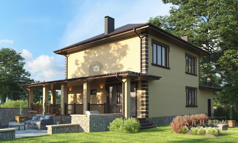 2. Проект двухэтажного дома в современном стиле с многоскатной кровлей, t-64-01, площадью - 196 кв c терассой, гаражом